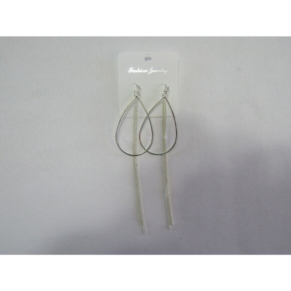 Silver Tear Drop Chain Hook Earrings Minimalist Open Festive - Picture 1 of 4